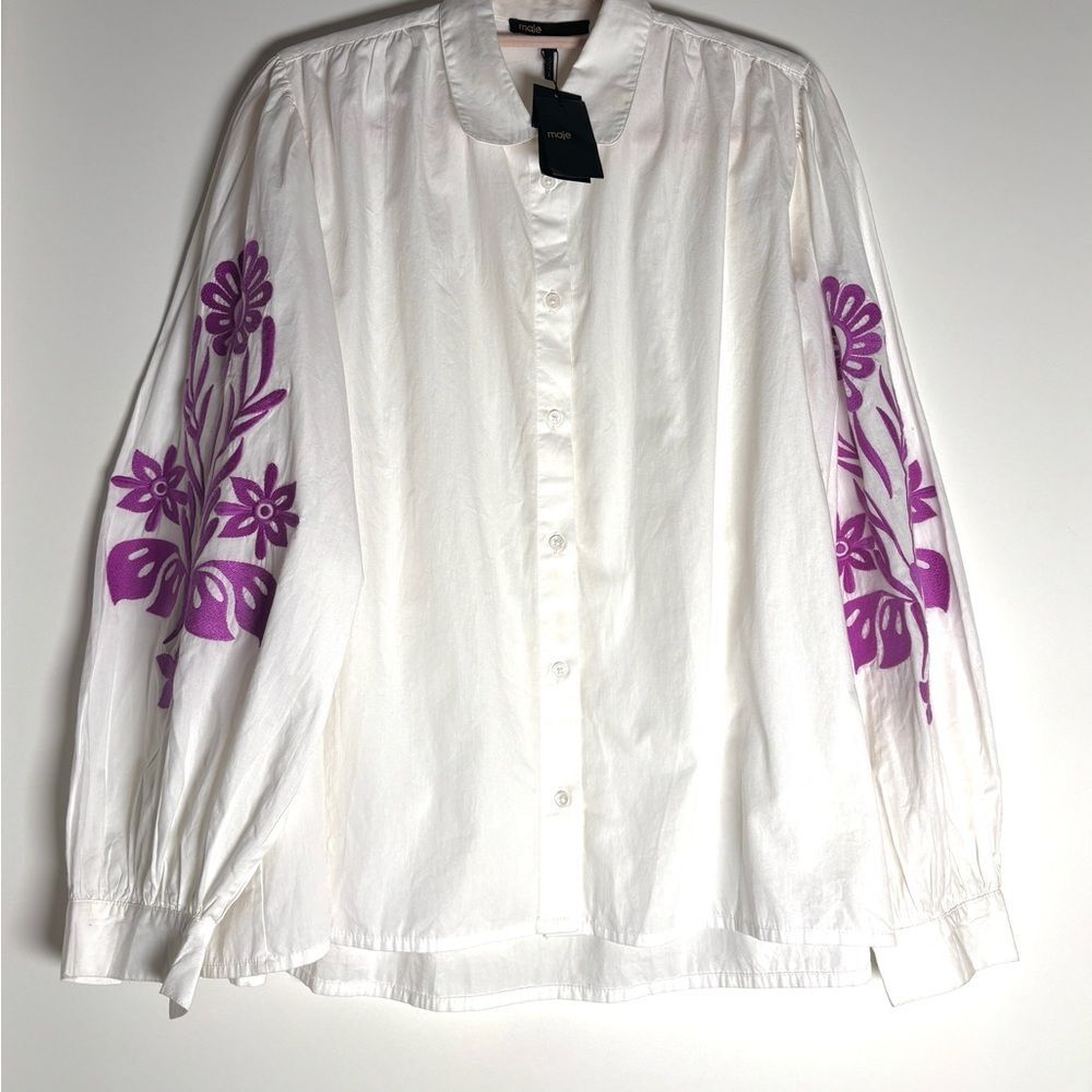 Maje Paris Embroidered White Cotton Blouse | Purple Floral Sleeves | French Chic